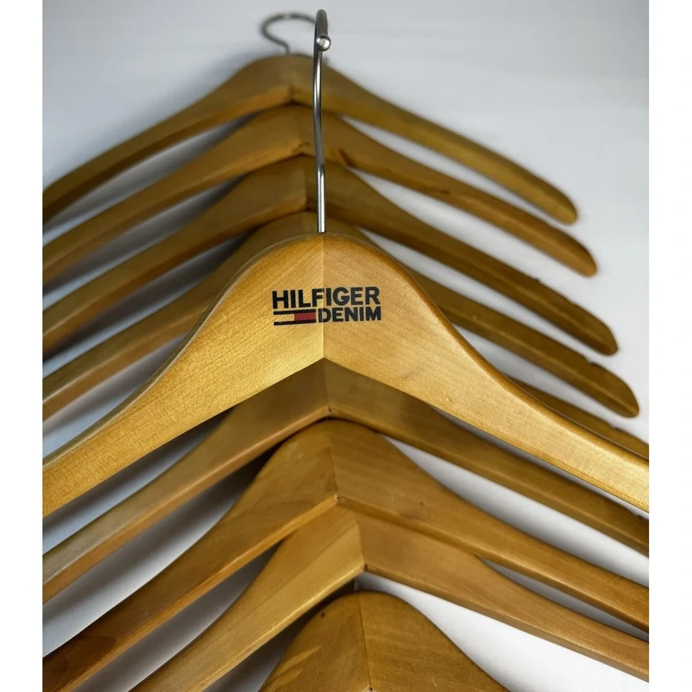 VTG HILFIGER DENIM SOLID WOOD HANGERS Lot Of 10 Retail Display Discontinued HTF